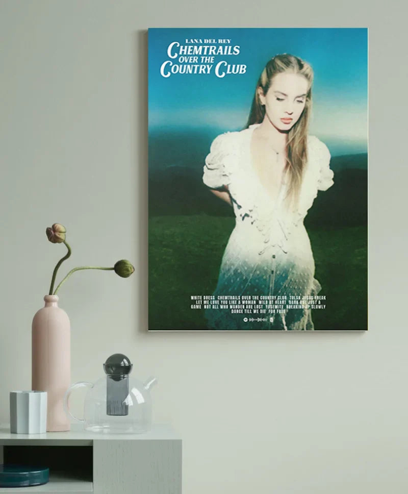 Lana del rey chemtrails over the country club canvas painting featuring vintage portrait in off-white dress for wall decor