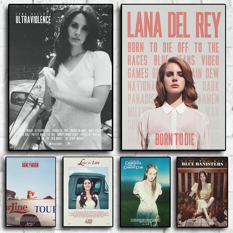 Set of six lana del rey album and movie posters canvas painting featuring black and white and color designs for living room decor