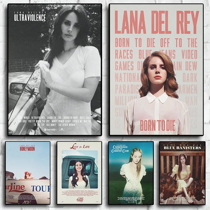 Set of six lana del rey album and movie posters canvas painting featuring black and white and color designs for living room decor