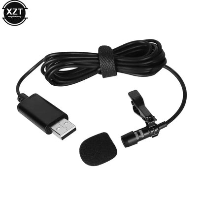 Black usb lavalier microphone with clip coiled cable and detachable foam windscreen for laptop live recording stereo usb mic