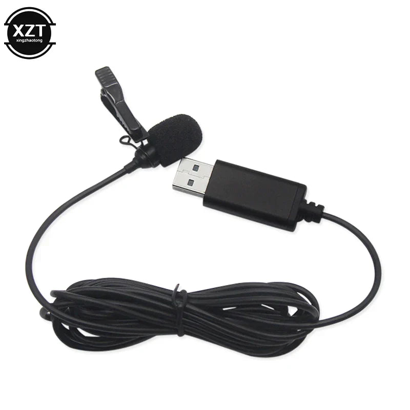 Black usb lavalier microphone with clip-on design and foam windscreen for laptop live recording stereo usb mic 2m portable use