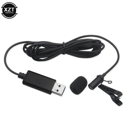 Black usb lavalier microphone with clip and foam windscreen for laptop live recording and stereo usb mic use