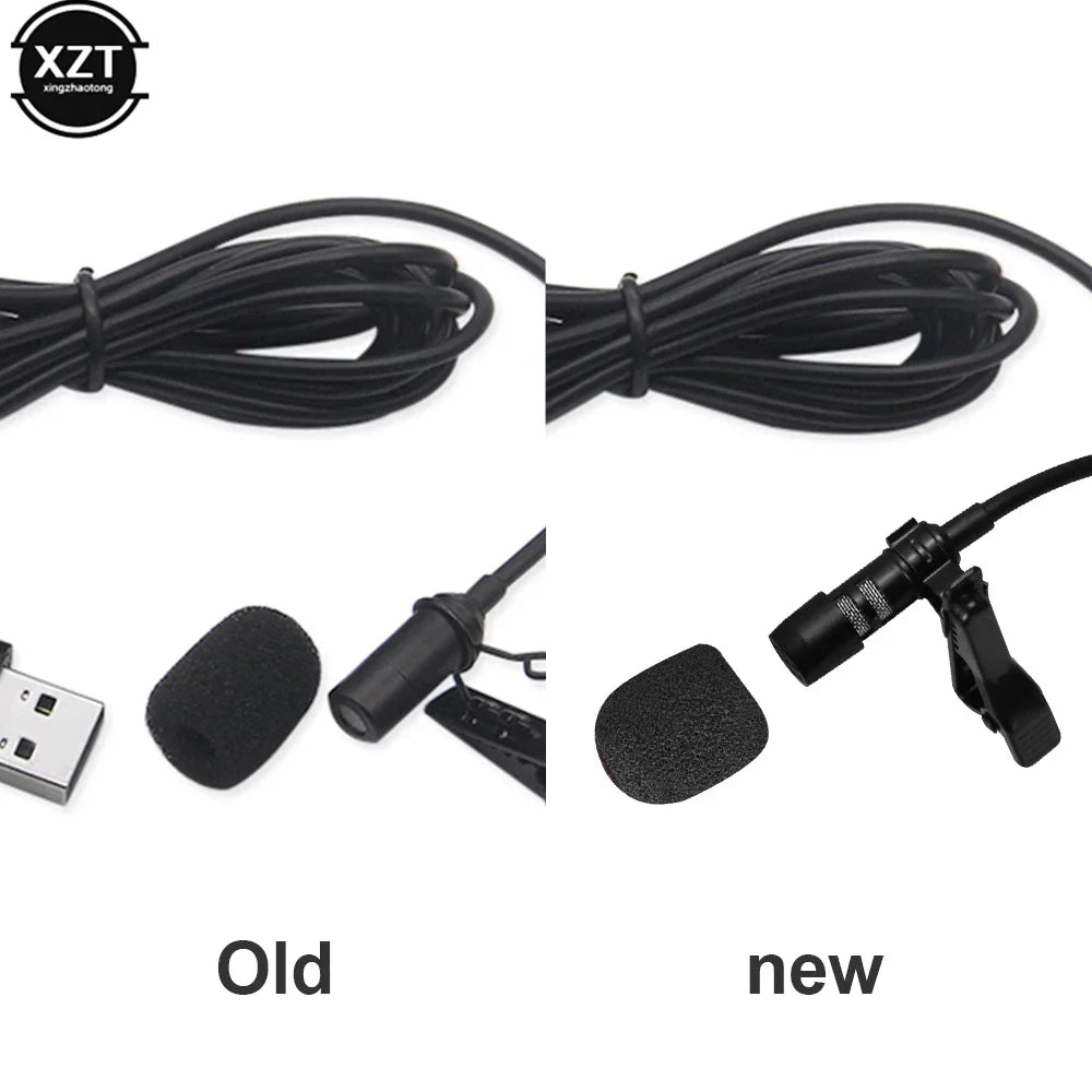 Black USB lavalier microphone with clip and foam windscreen for laptop live recording and stereo USB mic 2m portable use