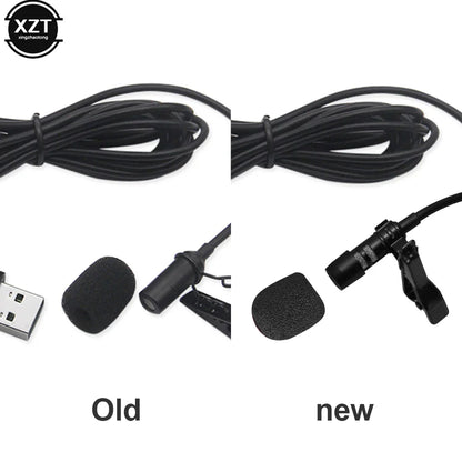 Black USB lavalier microphone with clip and foam windscreen for laptop live recording and stereo USB mic 2m portable use
