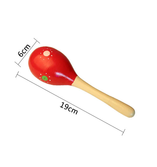Large montessori baby wooden musical instrument rattle shaker sand hammer in red with light handle and decorative dots