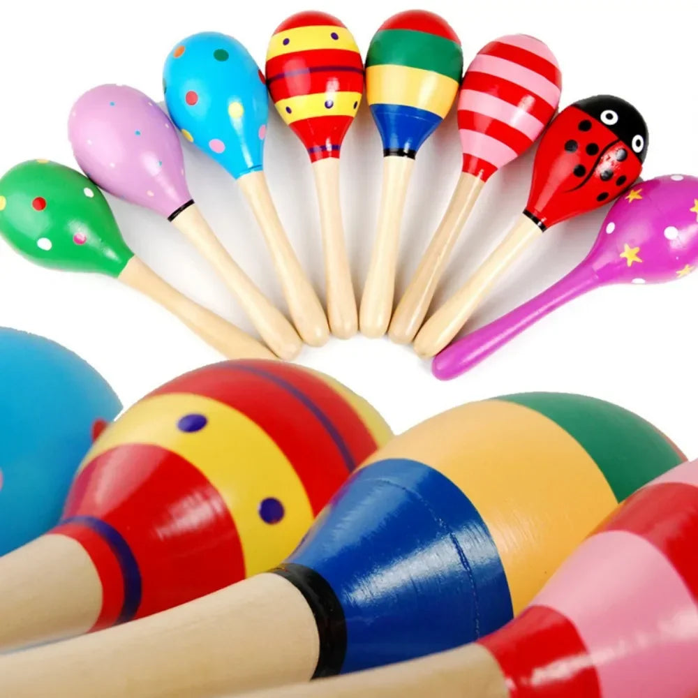 A set of colorful wooden maracas with painted designs for montessori ktv toy wooden colorful musical rattle shaker sand play