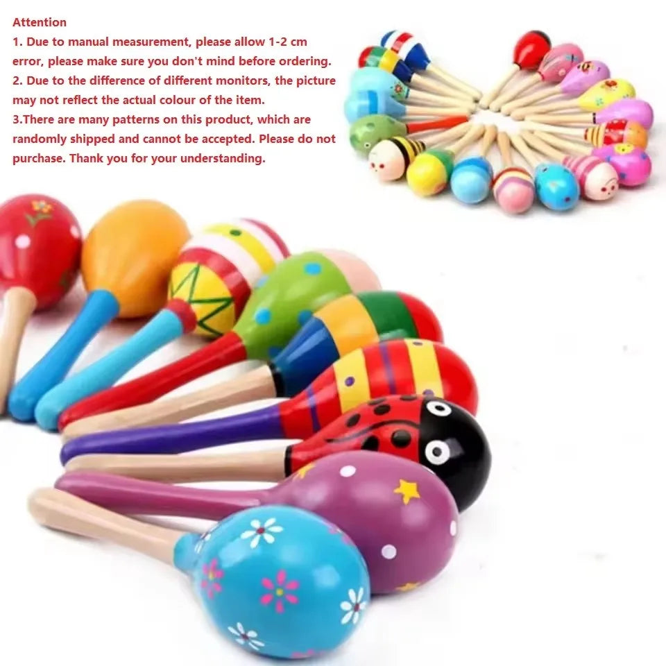 Large montessori ktv toy wooden colorful musical rattle shaker sand hammer bell with bright painted designs