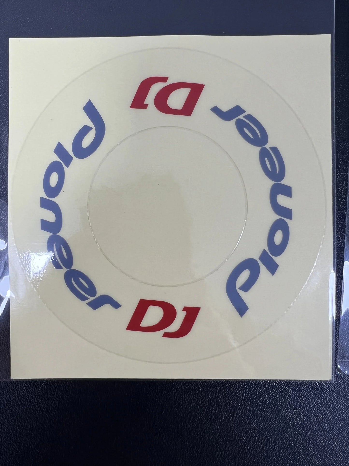 Circular pioneer dj sticker in blue and red on clear glossy protective film cdj for large turntable from beat music store