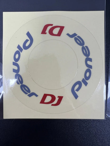 Circular pioneer dj sticker in blue and red on clear glossy protective film cdj for large turntable from beat music store