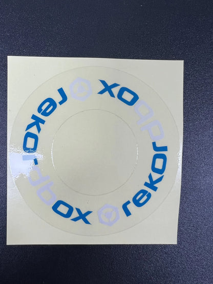Clear circular sticker with blue xobox text on white backing sheet for large turntable protective film cdj at beat music store