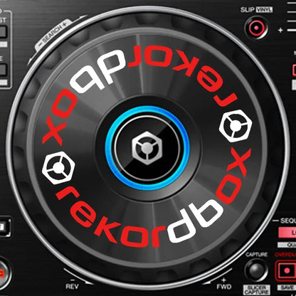 Black large turntable jog wheel with rekordbox branding and glowing blue center featuring protective film cdj from beat music store