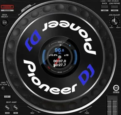 Black large turntable with blue and white branding digital display and protective film cdj from beat music store