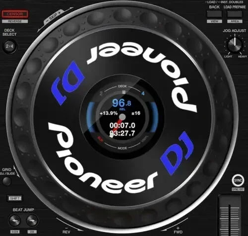 Large black pioneer dj turntable with blue and white branding digital display and protective film cdj from beat music store
