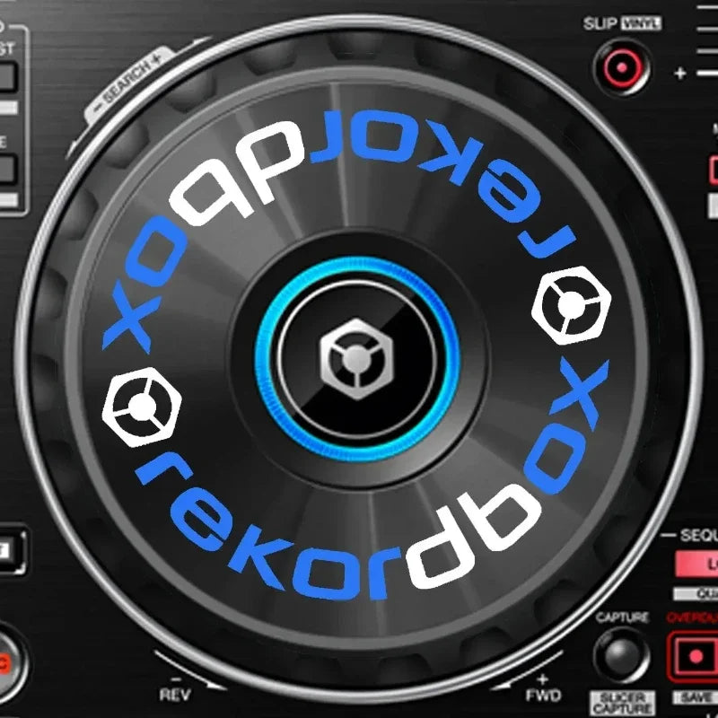 Large black dj turntable platter with blue and white rekordbox branding and glowing blue accent with protective film cdj
