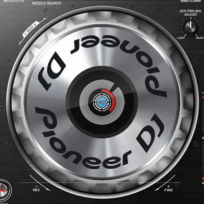 Silver metallic large turntable platter with red black center hub featuring protective film cdj for beat music store use