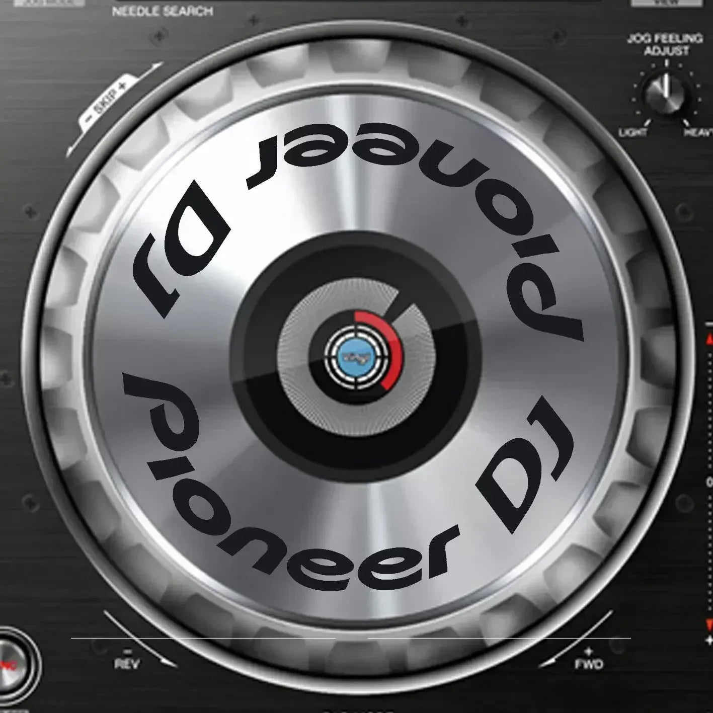 Silver metallic large turntable platter with red black center hub featuring protective film cdj for beat music store use
