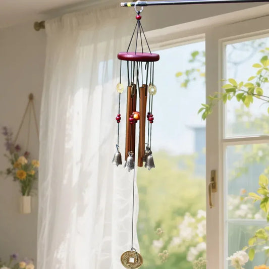 A large wooden wind chime with copper tubes metal church bell silver bells and red beads for bell outdoor garden decor