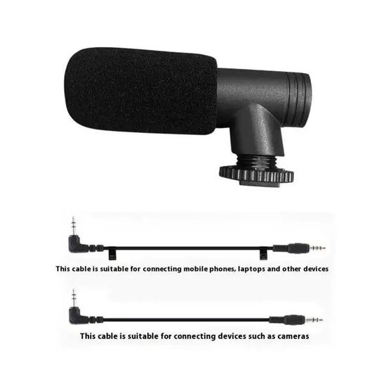 Black foam-covered shotgun microphone with threaded mount base and cables for live video slr karaoke recording interviews
