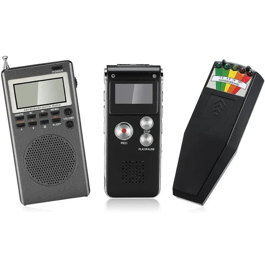 Black digital pcs voice recorder with silver buttons and screen included in paranormal research tools with magnetic field detector