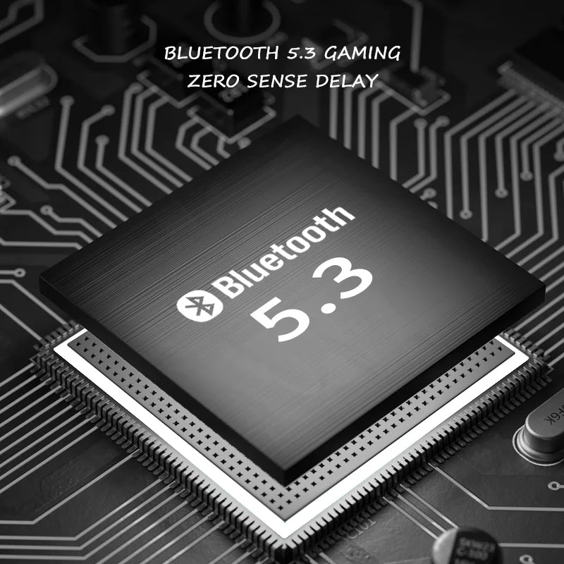 Black bluetooth 5.3 gaming chip with white branding and metallic pins on circuit board for ldON foldable gaming headset