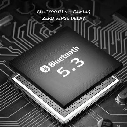 Black bluetooth 5.3 gaming chip with white branding and metallic pins on circuit board for ldON foldable gaming headset