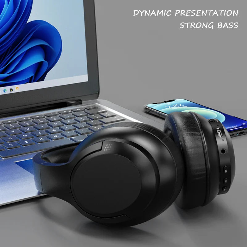 Black over-ear wireless LDON L839 foldable gaming headset with padded earcups and mic music earbuds for sport use