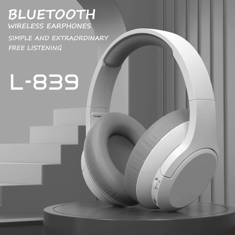 White foldable gaming headset ldon l839 with gray padded earcups bluetooth wireless headset sport headphone with mic music earbuds