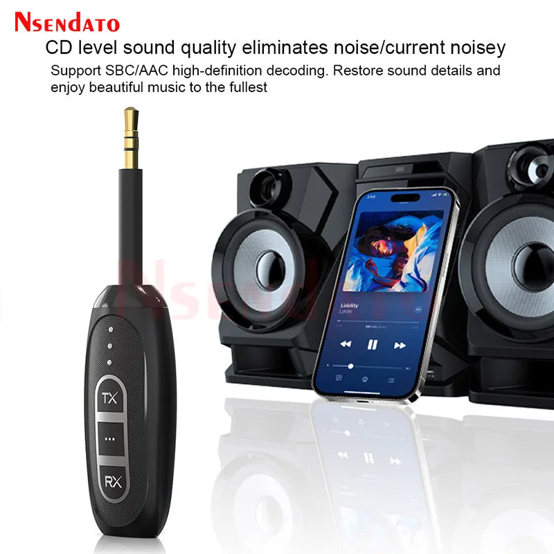 Black nsendato auracast adapter wireless music transmitter with gold-tipped 3.5mm jack and receiver adapter buttons