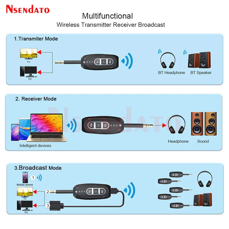 Black nsendato wireless music transmitter receiver adapter with three buttons and 3.5mm jack for auracast audio broadcast