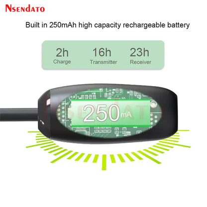 Black nsendato 250mah rechargeable battery transmitter with green circuit board display and wireless charging indicator for auracast adapter wireless music transmitter receiver adapter