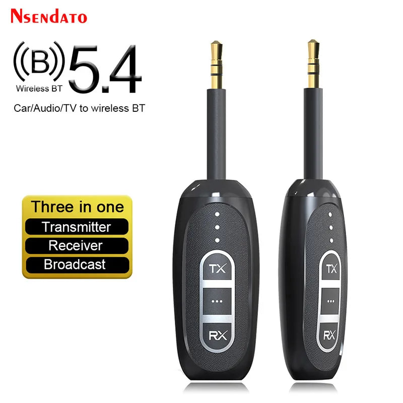 Black wireless music transmitter and receiver adapter with gold 3.5mm jacks and tx rx buttons for auracast adapter use