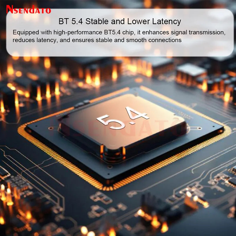 A sleek metallic bt 5.4 chip with gold surface and white engraving on a dark circuit board in an auracast adapter wireless music transmitter and receiver adapter
