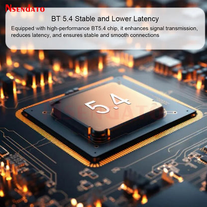 A sleek metallic bt 5.4 chip with gold surface and white engraving on a dark circuit board in an auracast adapter wireless music transmitter and receiver adapter