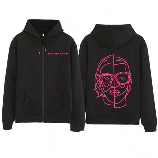 Black monde chico zipper hoodie with pink neon face outline on back and pink le monde chico text for women hip hop fans