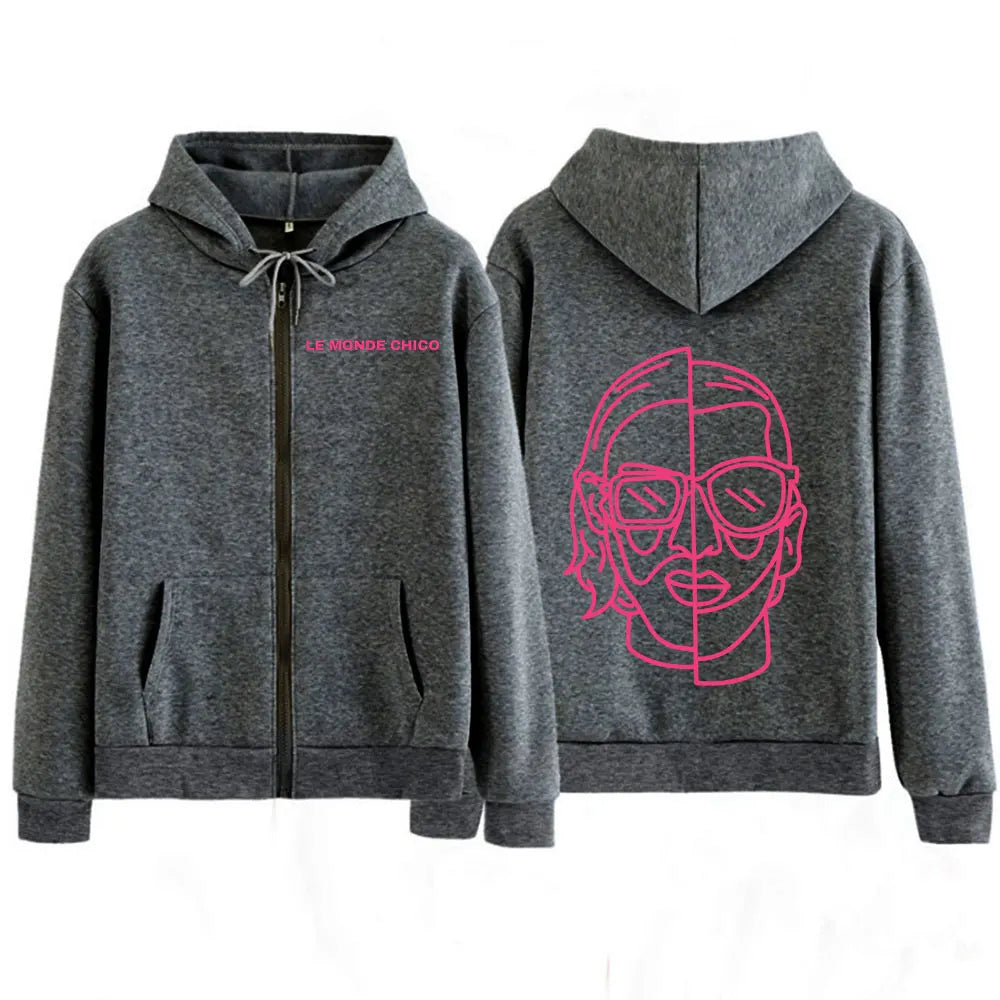 Gray monde chico zipper hoodie with bold pink face graphic on back and rapper pnl album text on front for women hip hop