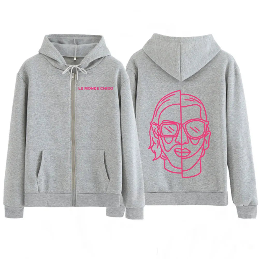 Gray monde chico zipper hoodie with pink pnl album graphic face on back and le monde chico text on front for hip hop fans