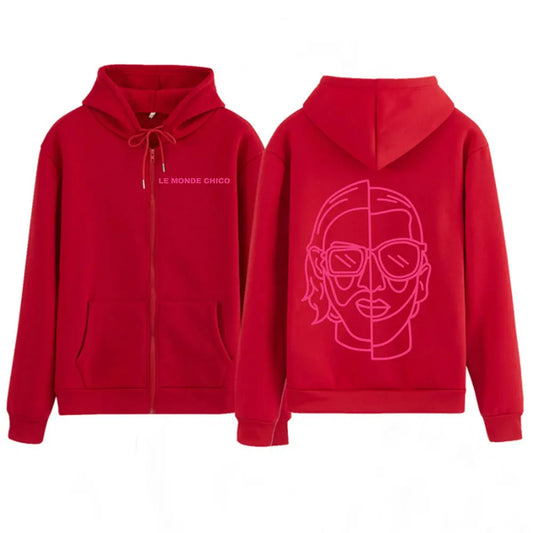 Red monde chico zipper hoodie featuring french rapper pnl album graphic with pink face line art and white front print