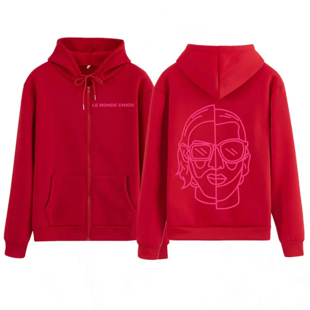 Red monde chico zipper hoodie with pink face graphic on back and white rapper pnl album print for women hip hop