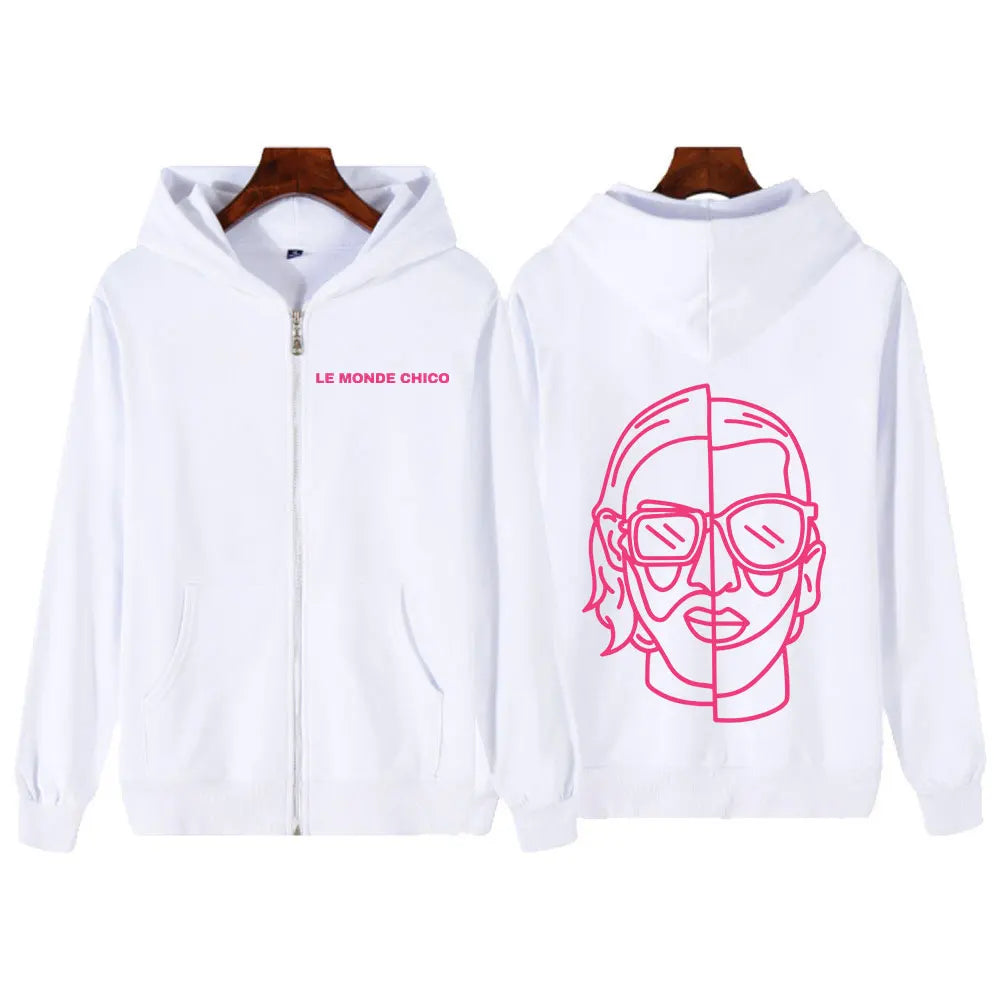 White monde chico zipper hoodie with pink line-art face graphic on back and pink text front for women hip hop fans