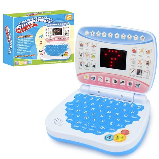 Blue and white preschool language education laptop toy with colorful buttons and digital screen for toddler kid developing skills