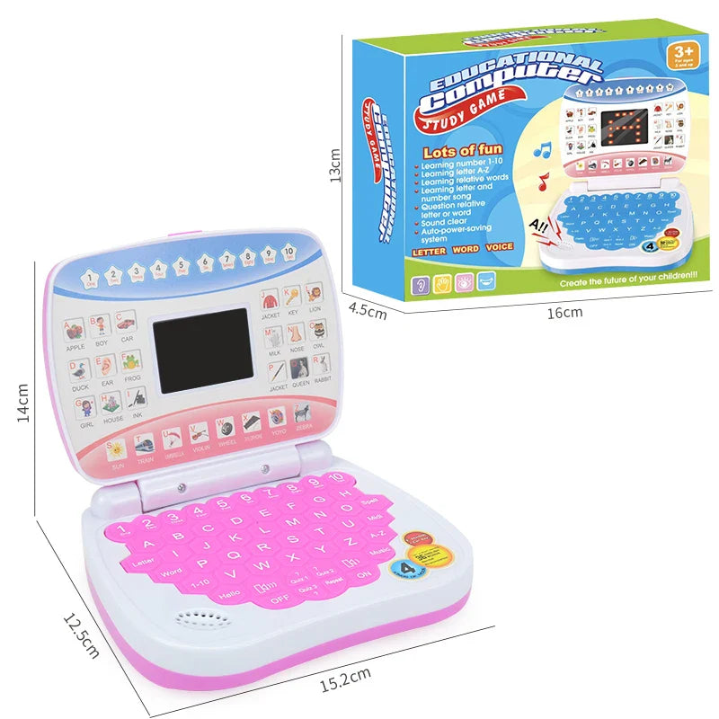 Pink and white educational laptop toy with colorful keypad and interactive buttons for preschool language education and toddler kid developing skills