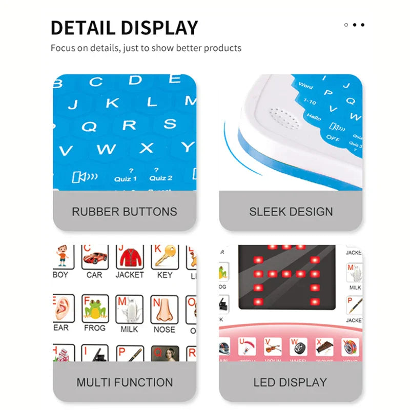 Blue and white learning machine laptop with rubber buttons and led display for toddler kid developing preschool language education