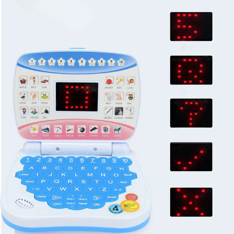 Blue and white preschool language education laptop with red LED display and animal icons for toddler kid developing skills education toys gift