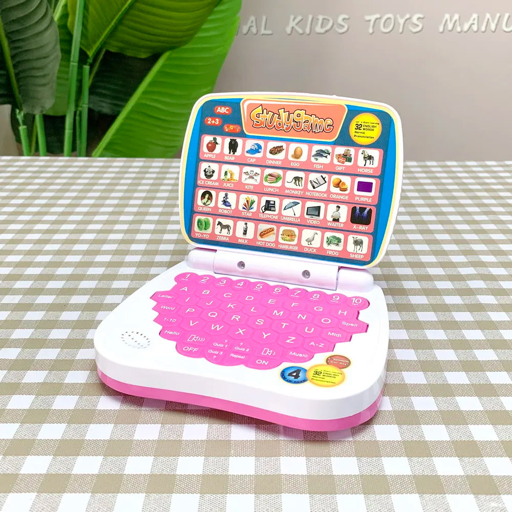 Pink and white preschool language education toy laptop with colorful buttons keyboard and interactive learning screen for toddlers
