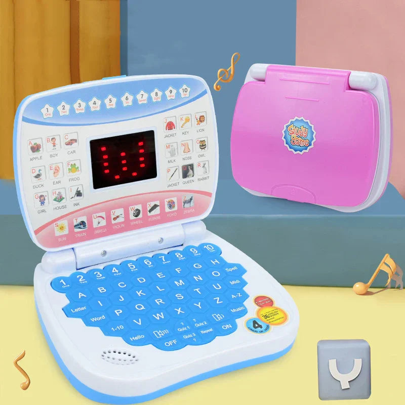 Pink and blue learning machine laptop computer with digital display and colorful keys for toddler kid developing skills
