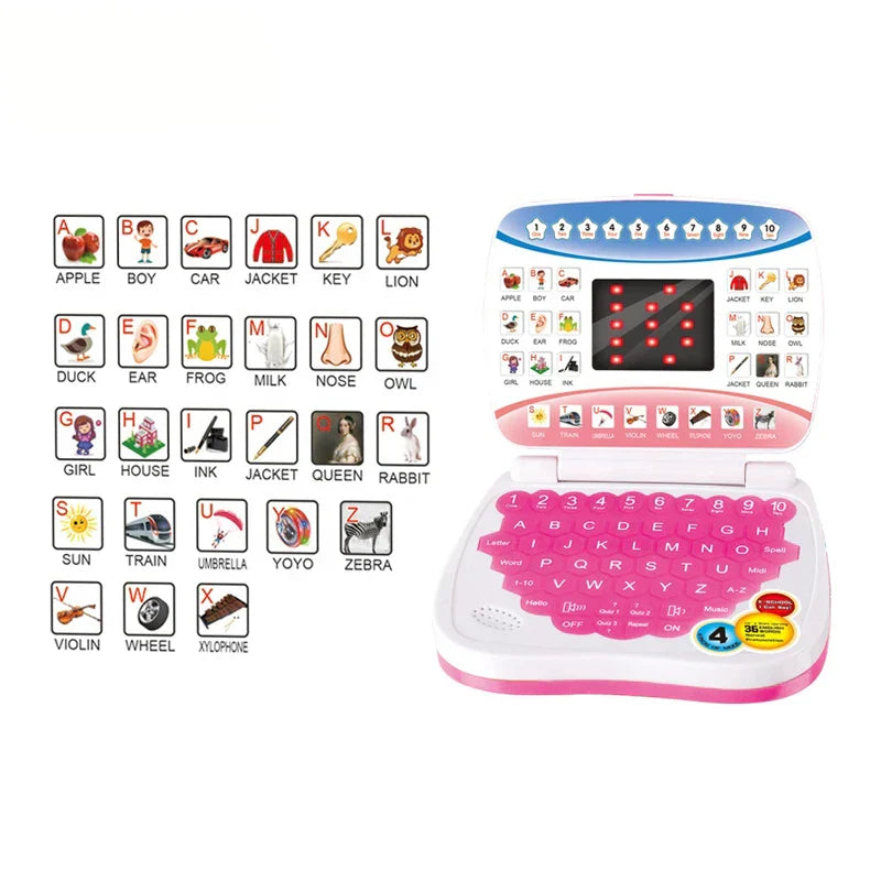 Pink and white preschool language education laptop with colorful keypad and interactive icons for toddler kid developing skills