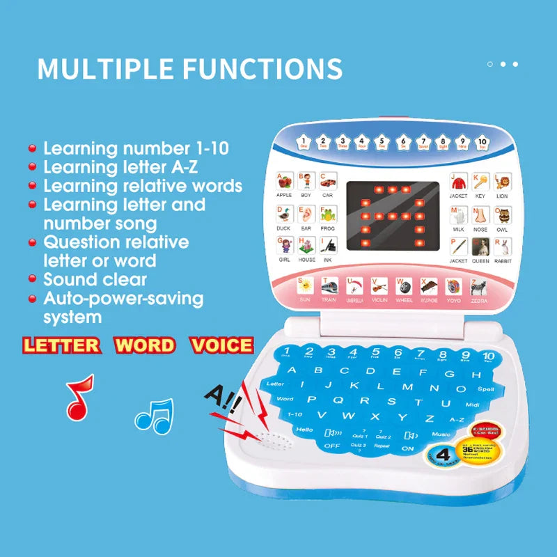 White and blue toddler laptop with colorful buttons and digital display for preschool language education and cognitive skills development