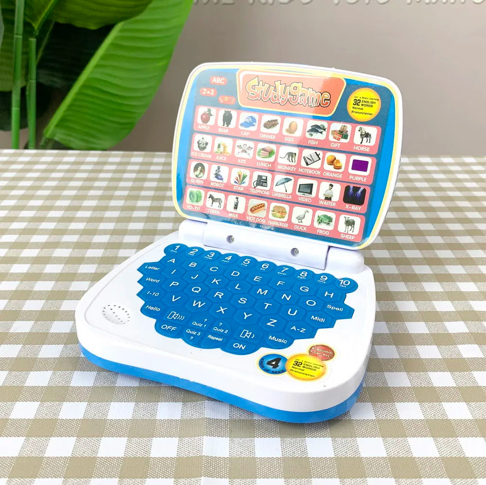 White and blue plastic learning machine laptop with colorful alphabet keys and icons for preschool language education toy gift