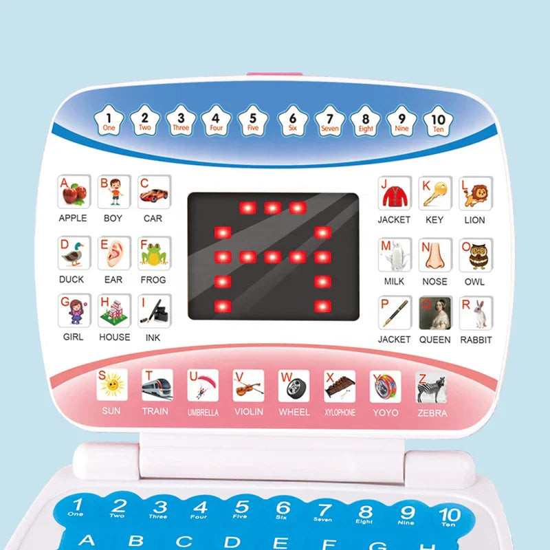 White and pink toddler educational laptop with blue top edge featuring letter number and animal buttons for preschool language education toys gift