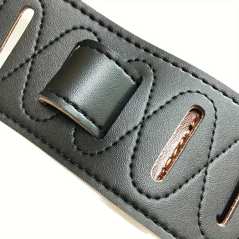 Black leather guitar strap with stitched detailing and matching buckle for electric acoustic bass guitars adjustable length